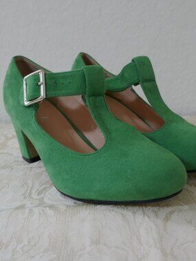 Women's Green Mary Jane Pumps T-Strap Chunky High Heels Ankle Strap Buckle 8.5/9